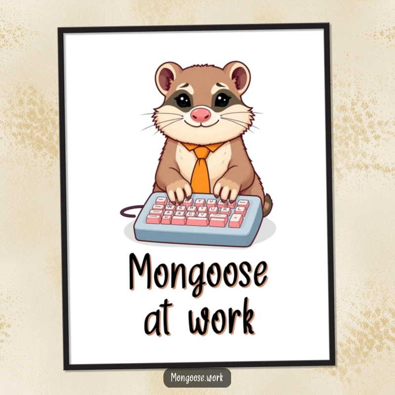 Funny digital art print of a dapper mongoose in a tie comically typing on a tiny keyboard with multiple paws, adding office humor.