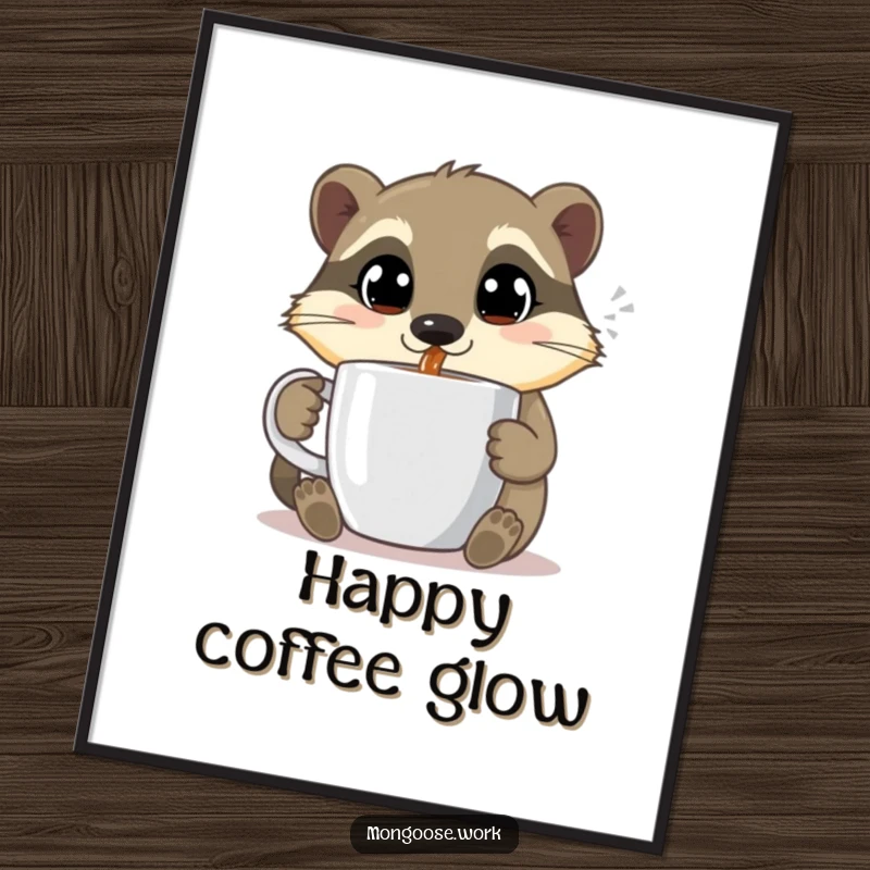 Funny Mongoose digital art, sipping coffee with happy eyes, cute illustration, instant download art, perfect funny gift.