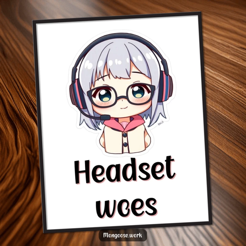 Funny Digital Art Print: Character comically trying to wear headset and glasses, designed for instant tech humor.