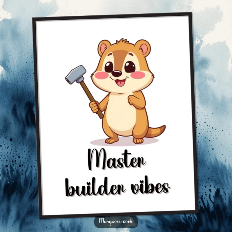 Funny Mongoose DIY digital art print of a cheerful mongoose using a stapler as a hammer, perfect for wall decor.