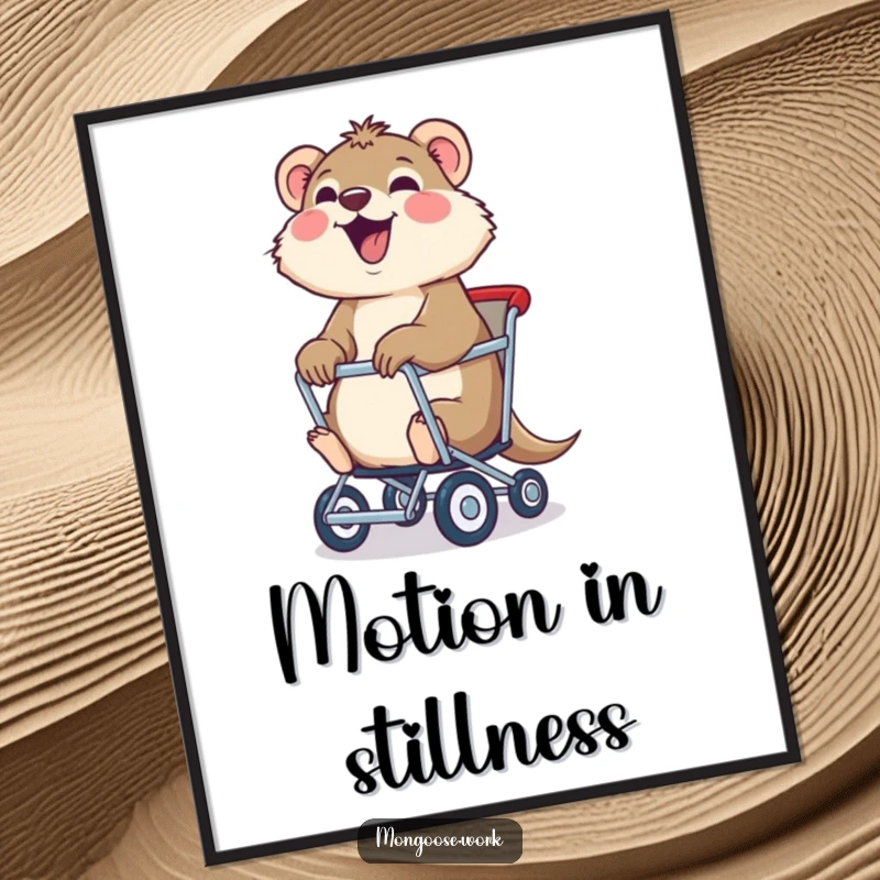Funny mongoose digital art print, a joyful mongoose being pulled in a rolling chair, offering instant whimsy and playful decor.