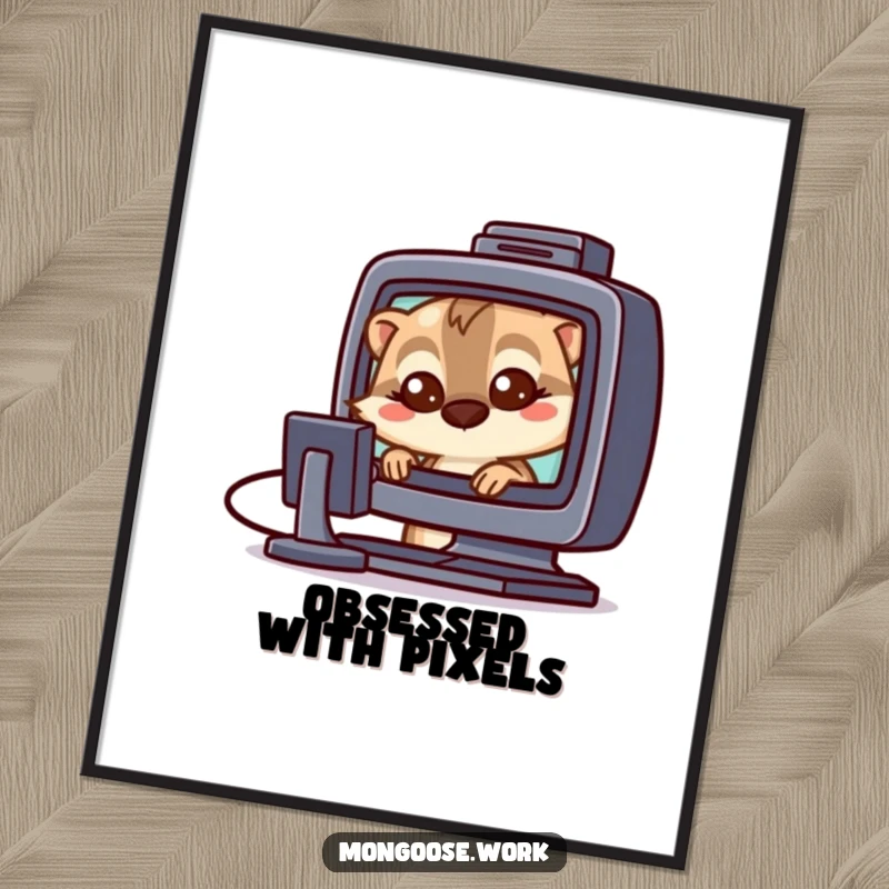 Funny Mongoose tech digital art print of a mongoose with wide eyes staring at a computer screen, perfect for wall decor.