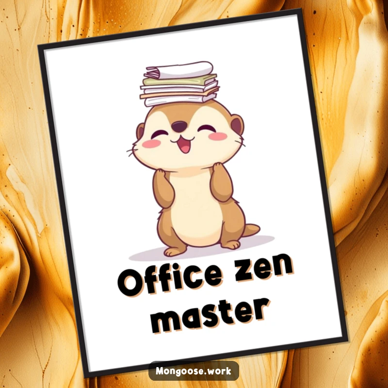 Funny Digital Art: a cute mongoose joyfully balancing a tall stack of papers on its nose, perfect for humorous wall decor.