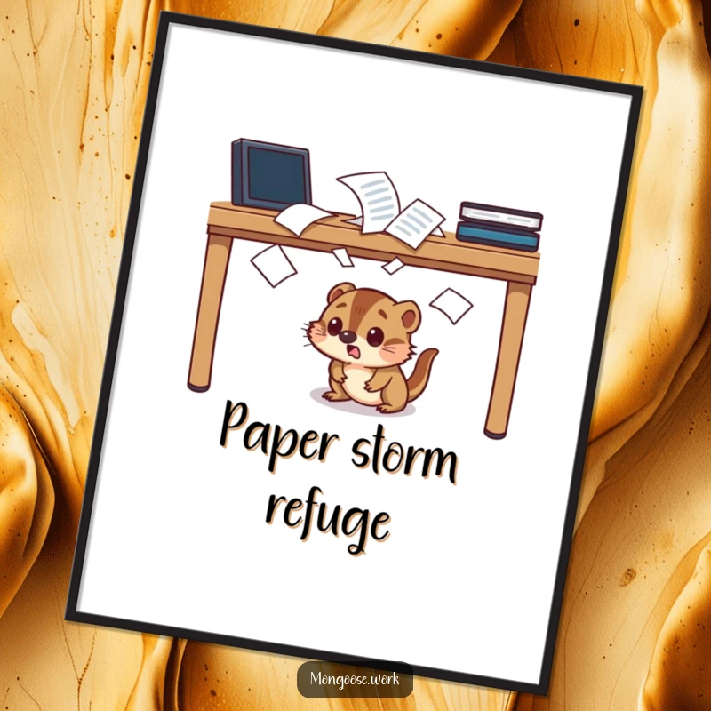Funny startled mongoose digital art print, character ducking under a desk, papers flying, instant decor.