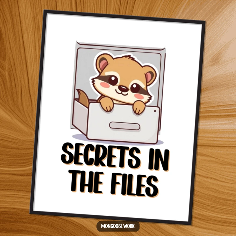 Funny Digital Art Print of a playful cartoon mongoose peeking out of a filing cabinet drawer, perfect for adding whimsical office decor.