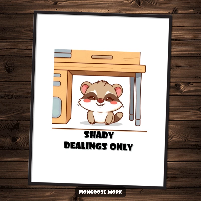 Funny Mongoose Digital Art: Artwork of a mischievous mongoose hiding under a desk, offering instant funny decor and a great funny gift.