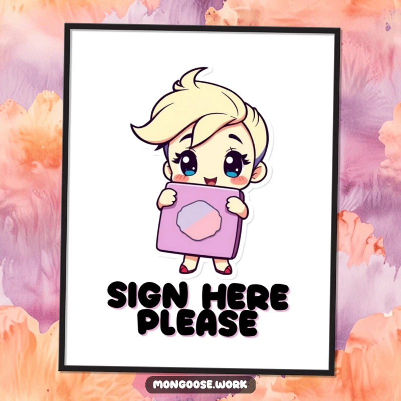 Funny Digital Art Print: Winking character holding a giant rubber stamp, designed for instant humorous approval.