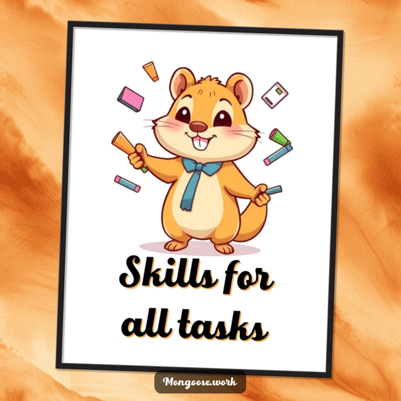 Funny Digital Art Print of a happy cartoon mongoose expertly juggling office supplies, perfect for adding dynamic and humorous decor.