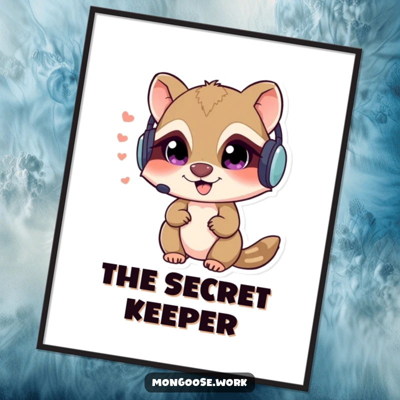 Funny Mongoose spy digital art print of a mischievous character in a headset, whispering secrets, perfect for wall decor.