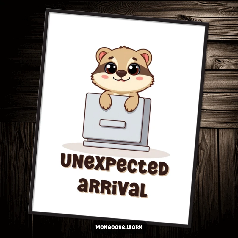 Funny digital art print of a cute mongoose popping out of a filing cabinet with wide eyes, adding surprise and office humor.