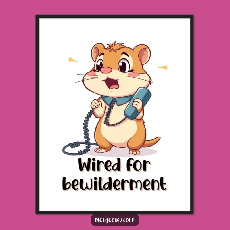 Funny Mongoose Phone Cord Tangle Digital Art: Bewildered Office Decor