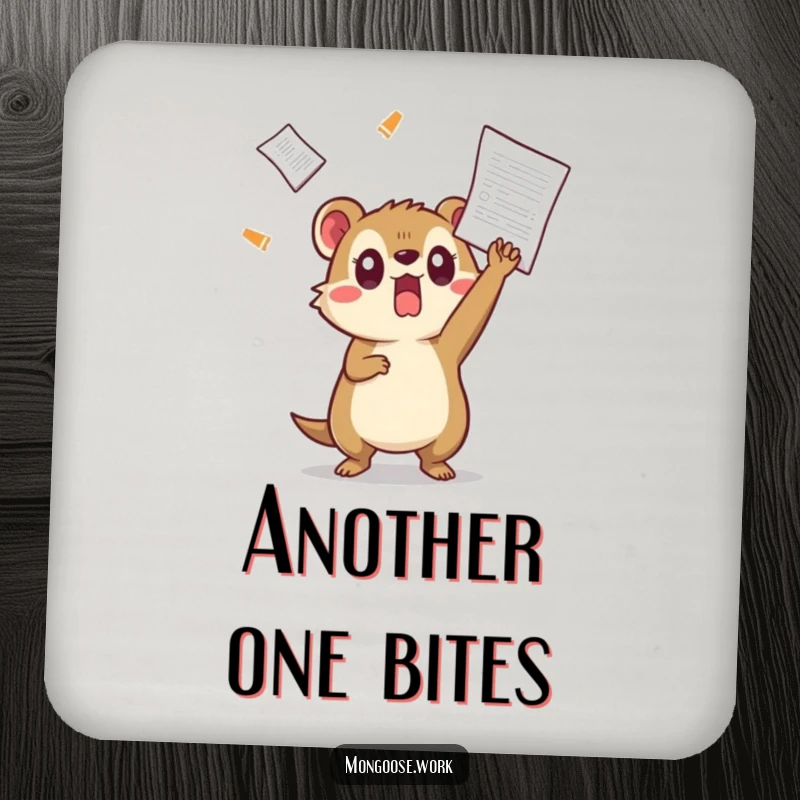 Funny Kawaii mongoose drink coaster, featuring a surprised mongoose dodging a flying document, adding humorous office flair to your table.