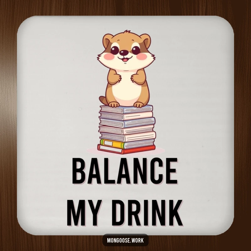 Funny mongoose coaster, a determined mongoose balancing on a stack of office papers, office acrobatics, table protection.