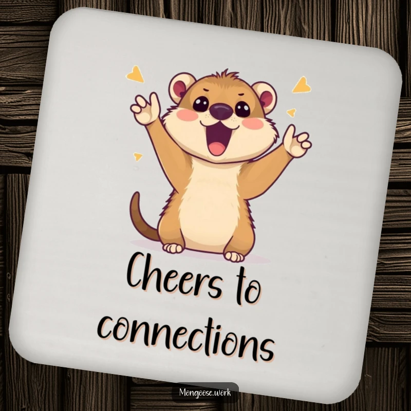 Funny Mongoose Coaster: Cute mongoose enthusiastically cheering during a video call, protecting surfaces with humor, a great funny gift.