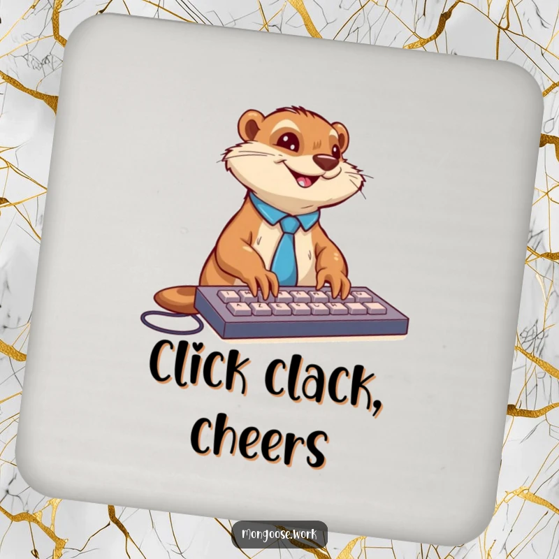 Funny mongoose in a tie typing on a keyboard, featured on a drink coaster for office decor.
