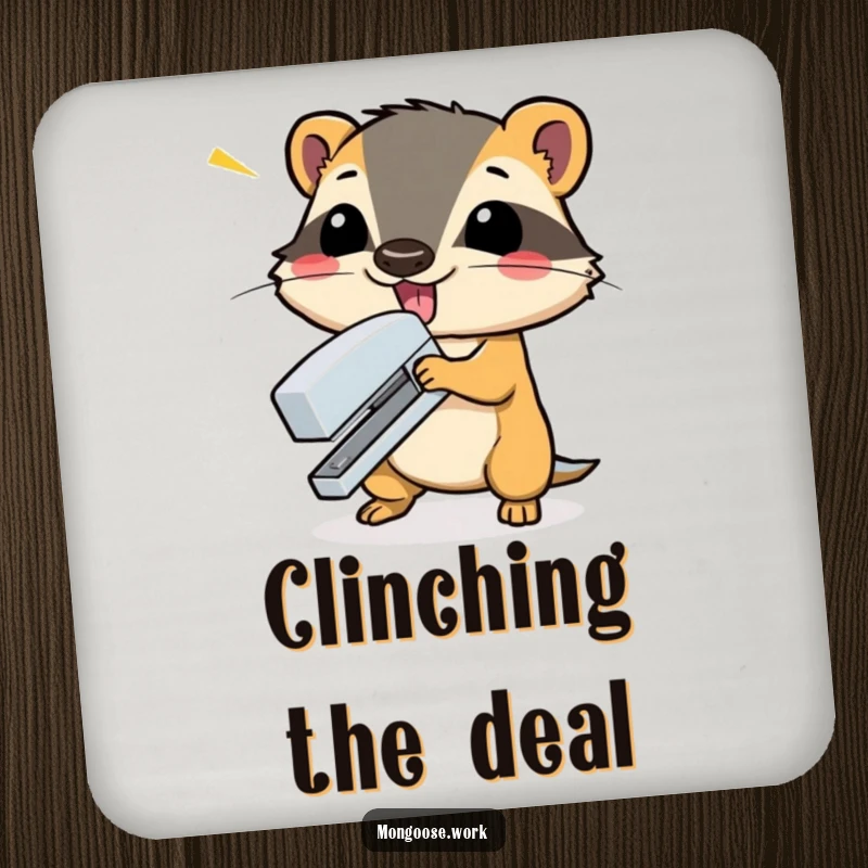 Funny mongoose dramatically slamming a stapler shut on a drink coaster, adding a touch of dramatic humor to tabletops.