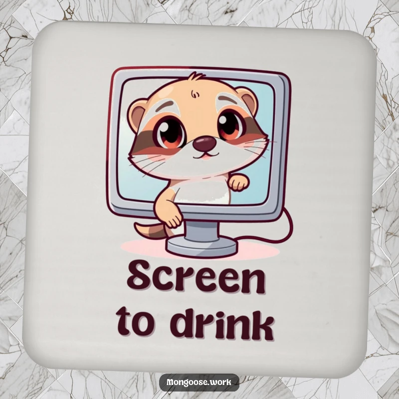 Funny Curious Mongoose Coaster: A mongoose with wide eyes looks at a computer monitor, a funny and functional accessory for any tech fan.