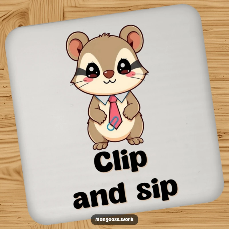 Funny Kawaii mongoose coaster featuring a mischievous character with a paperclip tie, for surface protection.