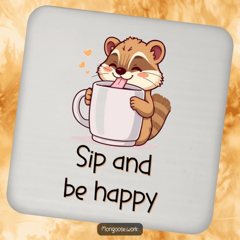 Funny Kawaii mongoose character drinking from a giant coffee mug, featured on a drink coaster, symbolizing cheerful coffee moments.