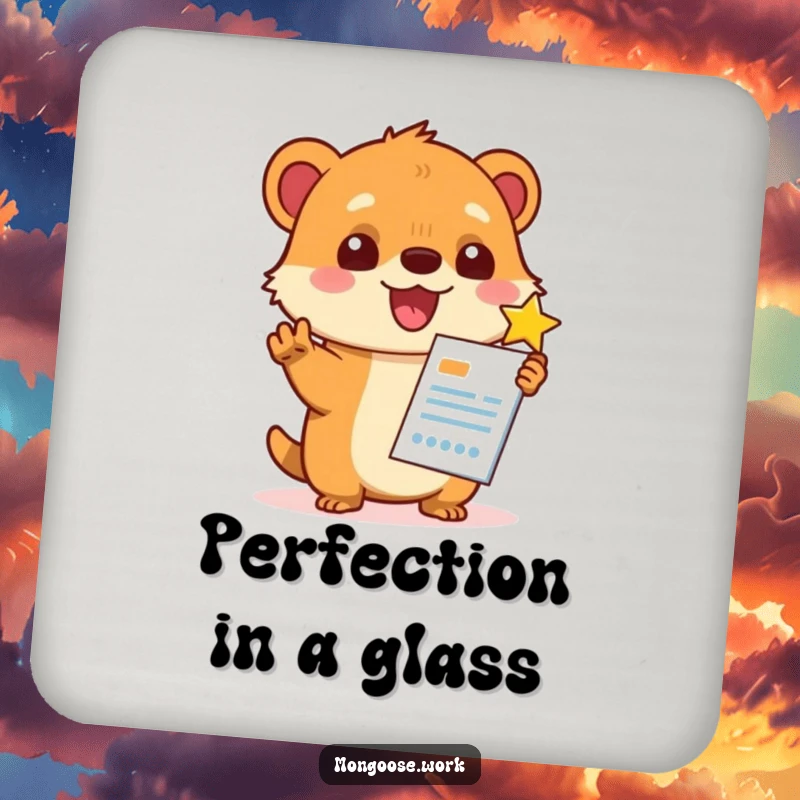 Funny Kawaii mongoose character giving a report a high star rating, featured on a drink coaster, symbolizing quality and humor.