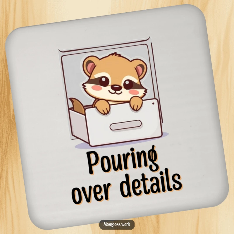 Funny Drink Coaster with a playful cartoon mongoose peeking out of a filing cabinet drawer, protecting surfaces with humor and mischief.
