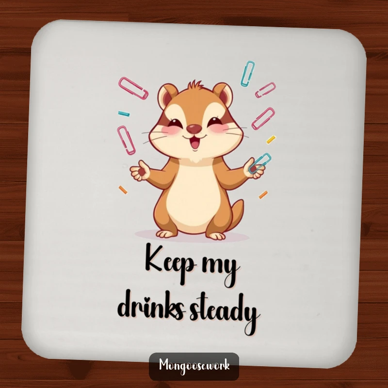 Funny Mongoose Coasters: A mongoose juggling paper clips with intense focus, providing surface protection with funny charm, ideal for funny gifts.