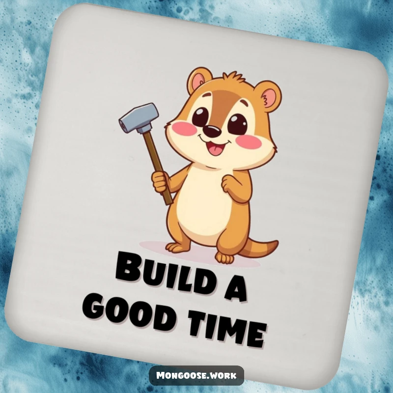 Funny Mongoose DIY coaster with a cheerful mongoose using a stapler as a hammer, protecting surfaces.