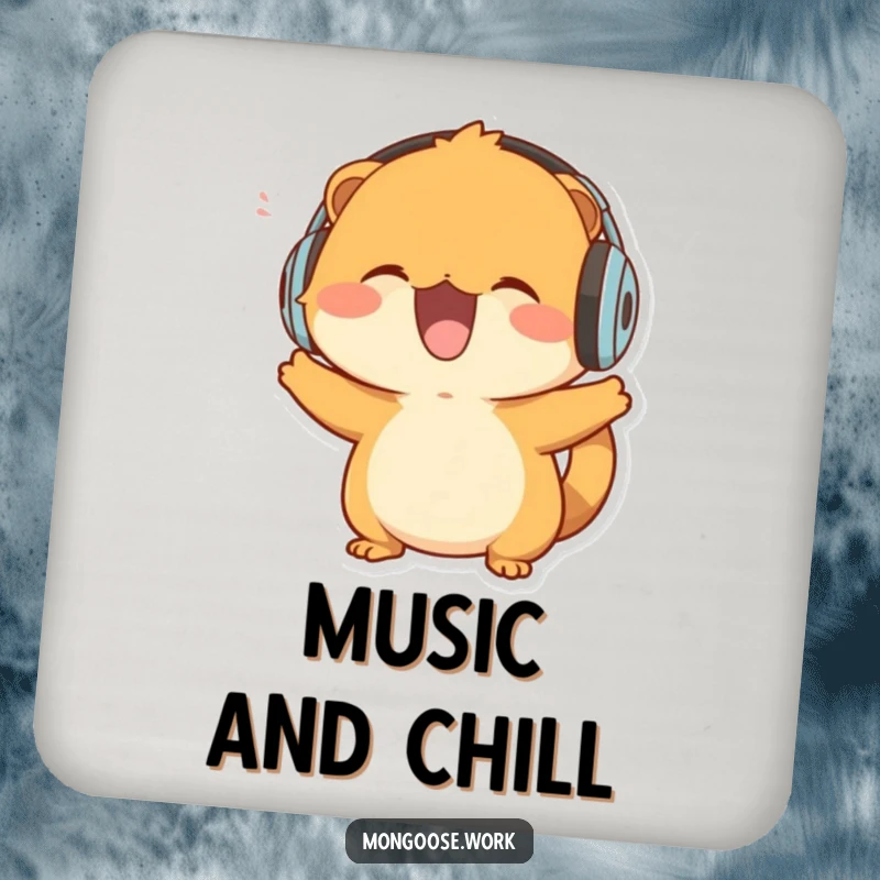 Funny Mongoose Drink Coaster: A mongoose character with headphones, joyfully bobbing its head to music.