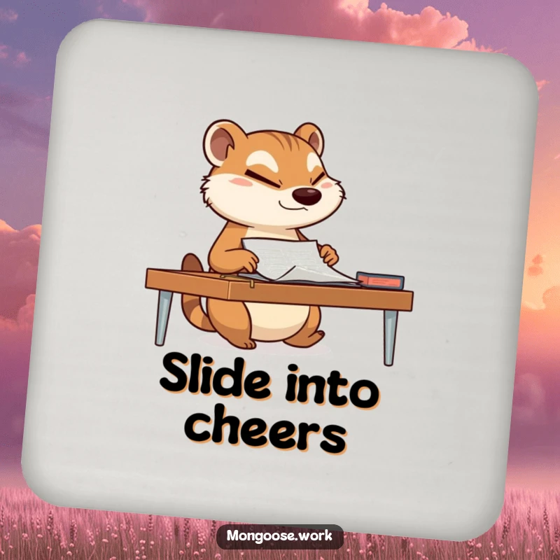 Funny mongoose sliding a document across a desk with a determined wink on a drink coaster, adding a touch of suave humor to tabletops.