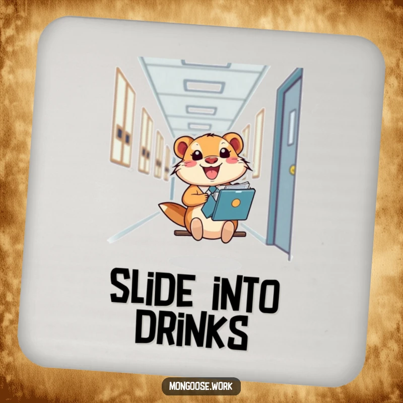 Funny Mongoose Coaster, a happy office worker sliding down a hallway on a file folder, protecting surfaces with humor.