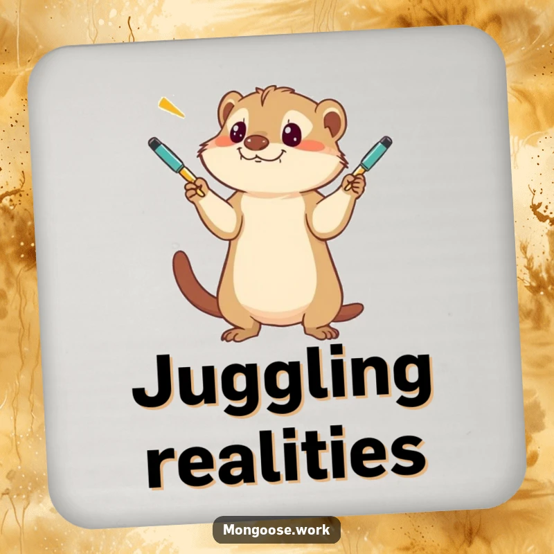 Funny Mongoose Coaster, a humorous design of a mongoose adeptly juggling multiple pens, a quirky addition to any table.