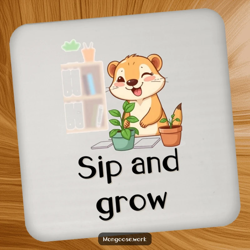 Funny Mongoose Plant Coasters: A set of coasters featuring a mongoose happily placing a plant on a desk, complete with a charming wink.