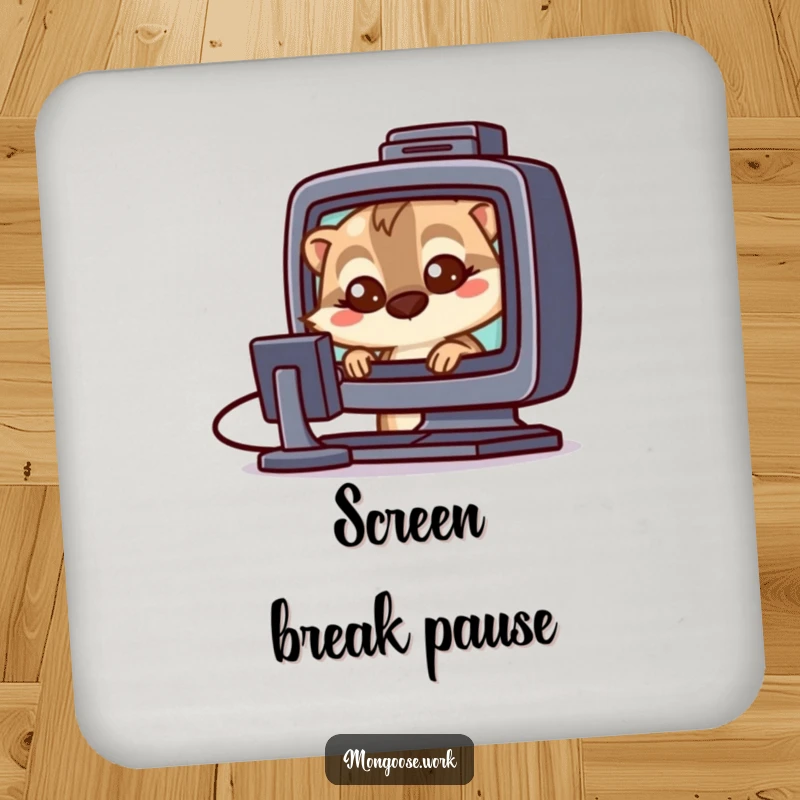 Funny Mongoose tech coaster with a curious mongoose with wide eyes staring at a computer screen, protecting surfaces.