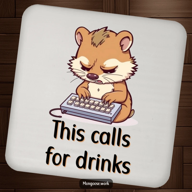Funny coasters showing a stressed mongoose typing on a tiny keyboard, protecting surfaces with charm.