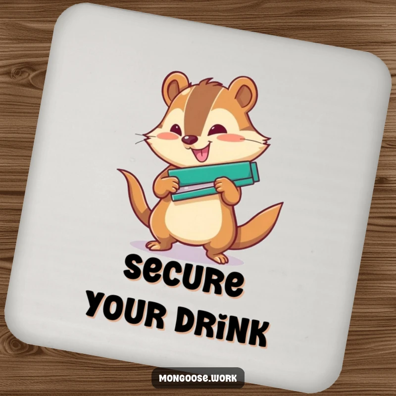 Funny Office Drink Coaster: A mongoose character using a stapler with great force, protecting surfaces.