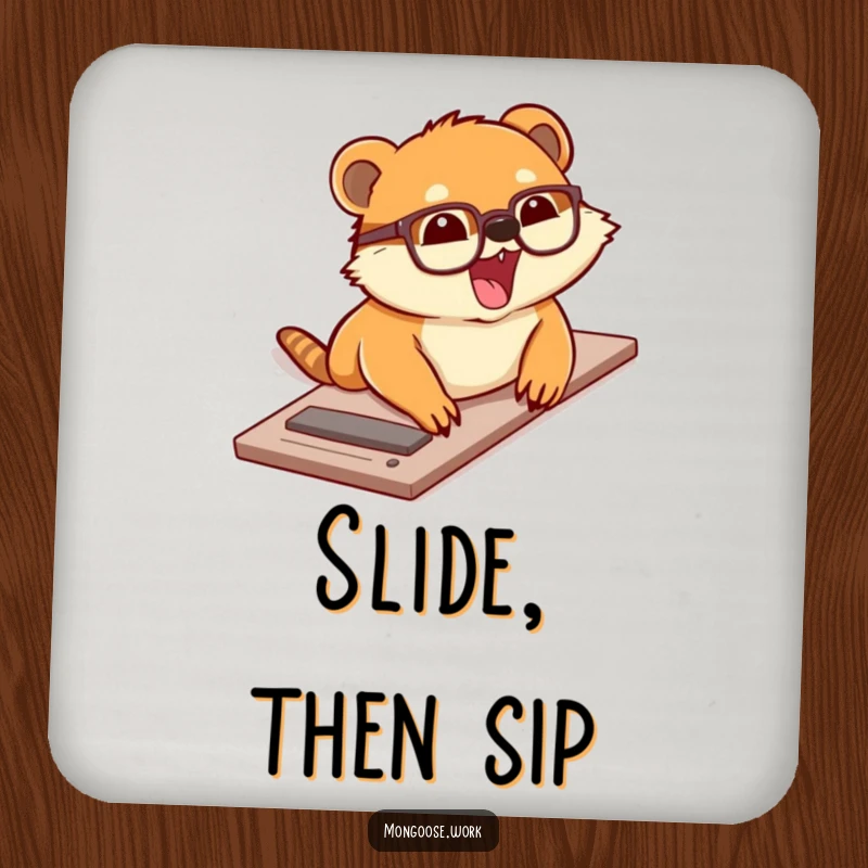 Funny drink coaster with a cute mongoose wearing glasses sliding down a desk with excitement, ideal for protecting surfaces with fun.