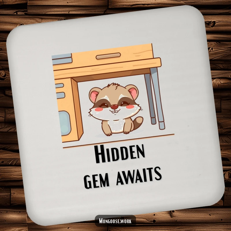 Funny Mongoose Coasters: A mischievous mongoose hiding under a desk, providing surface protection with funny charm, ideal for funny gifts.