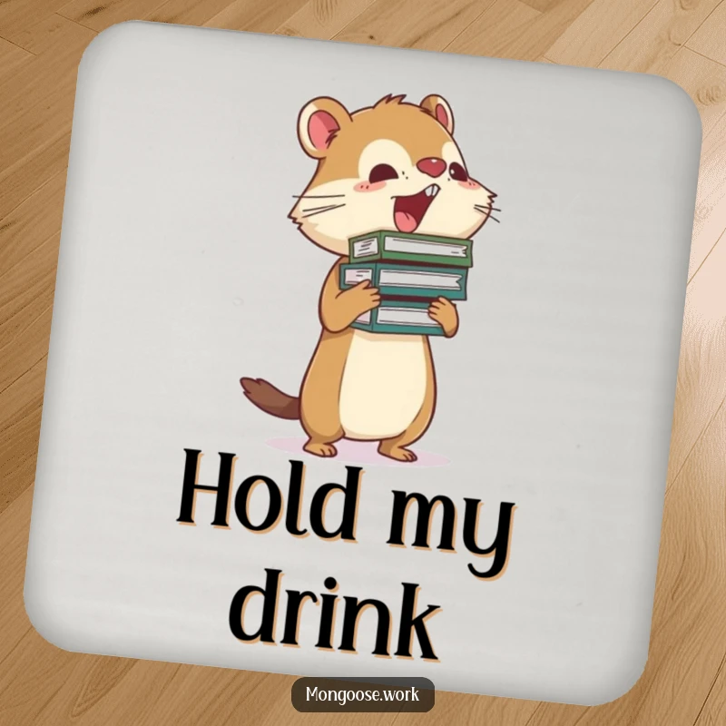 Funny Mongoose busy coaster with a mongoose precariously balancing a stack of files, protecting surfaces with humor.