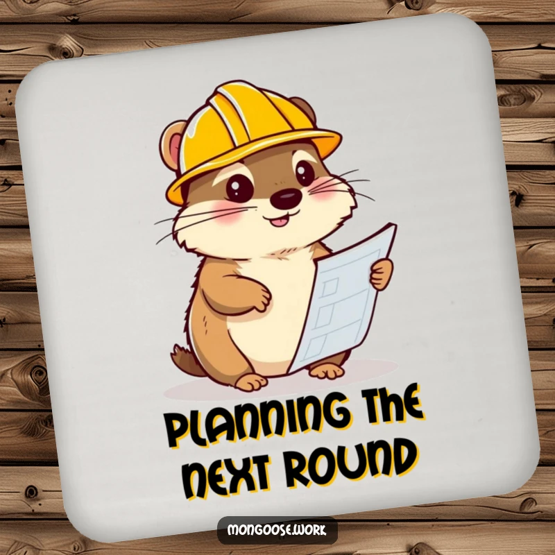 Funny mongoose drink coaster, wearing a hard hat and examining blueprints, protecting surfaces with humorous ingenuity.