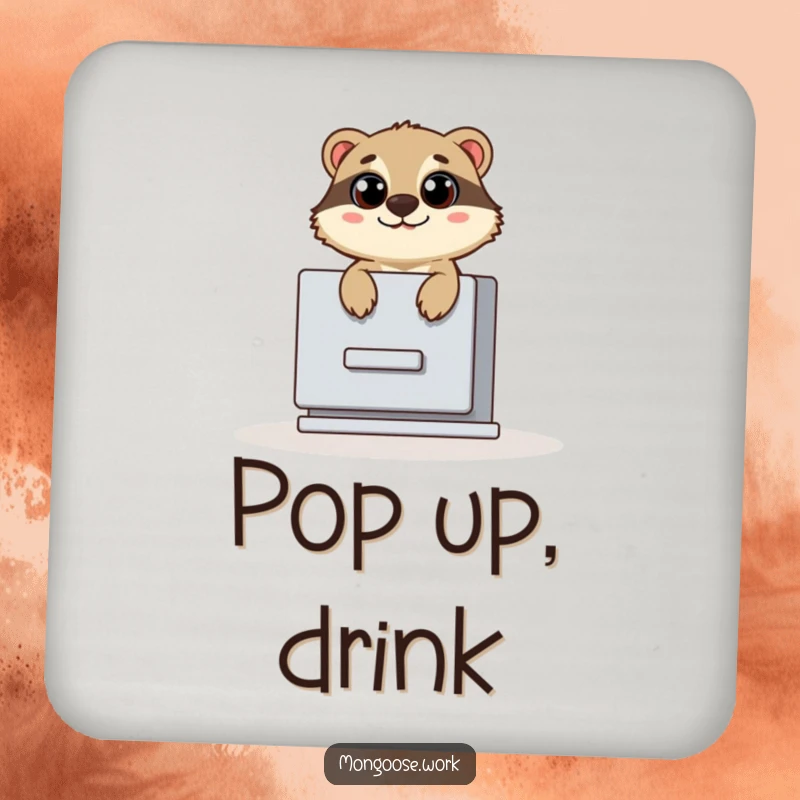 Funny drink coaster with a cute mongoose popping out of a filing cabinet with wide eyes, ideal for protecting surfaces with humor.