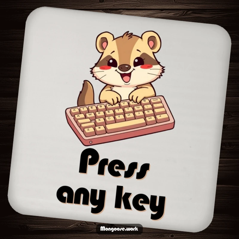 Funny Kawaii mongoose drink coaster, featuring an excited mongoose typing on a large keyboard, adding energetic humor to your table.
