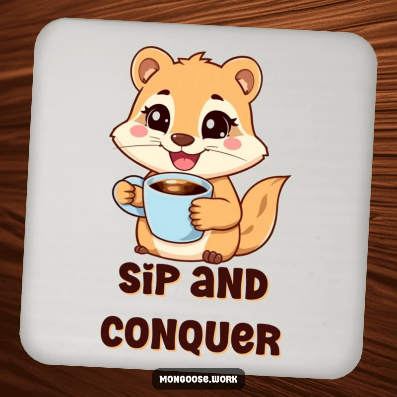 Funny drink coaster with a joyful mongoose character holding a coffee cup with a wide smile, looking determined, offering humorous surface protection.