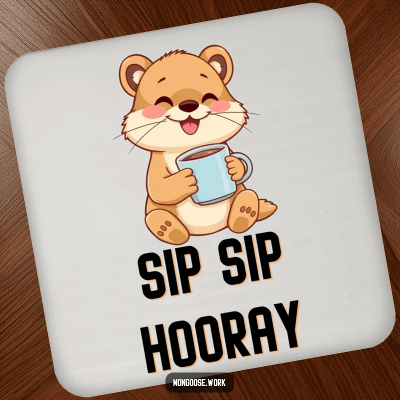 Funny coaster with a happy mongoose character cheerfully sipping coffee from a tiny mug, protecting surfaces with humor.