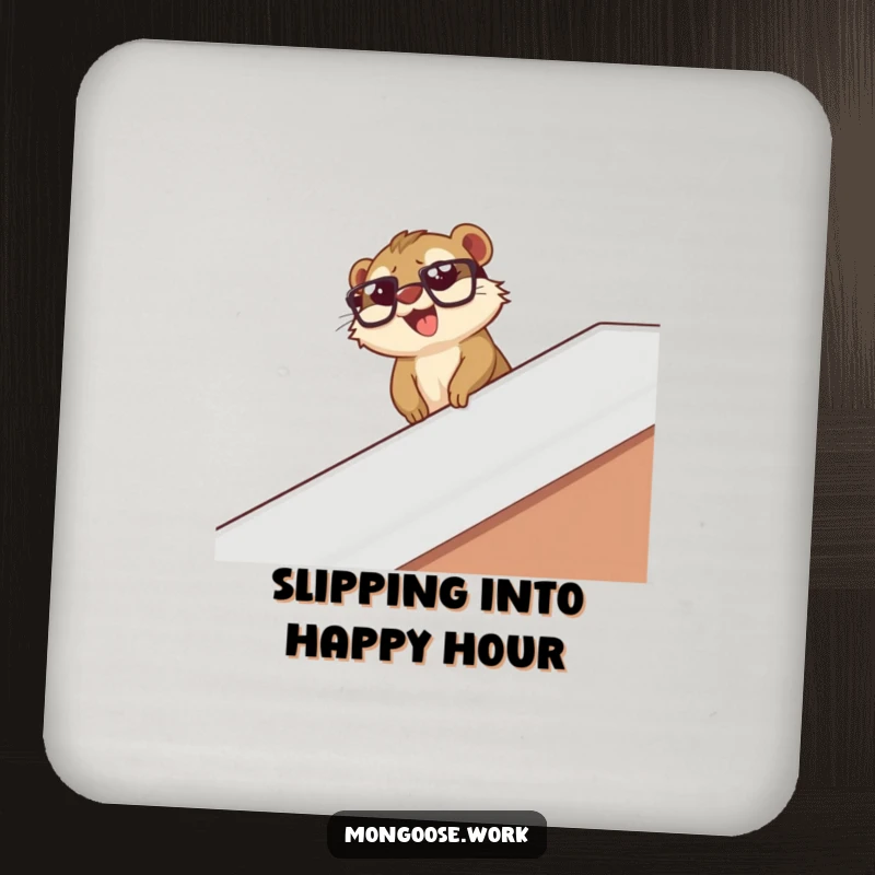 Funny mongoose wearing glasses slides down a desk banister with glee, featured on a drink coaster for playful decor.