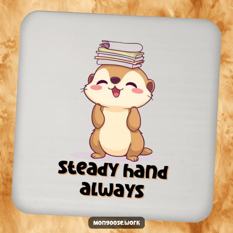 Funny Drink Coaster: a cute mongoose balancing a stack of papers on its nose, protecting surfaces with humor.
