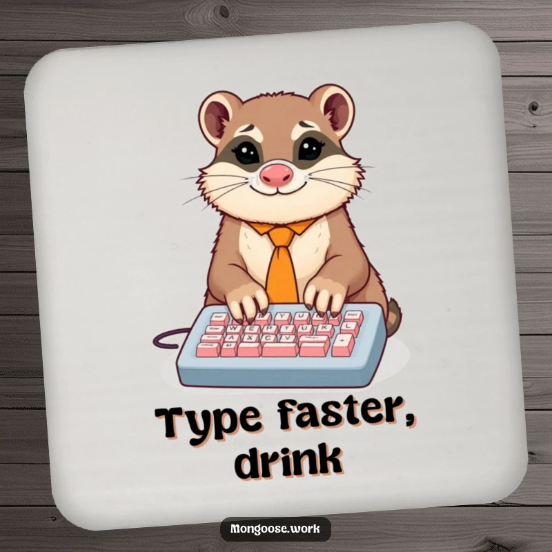 Funny drink coaster with a dapper mongoose in a tie comically typing on a tiny keyboard with many paws, ideal for desk protection.