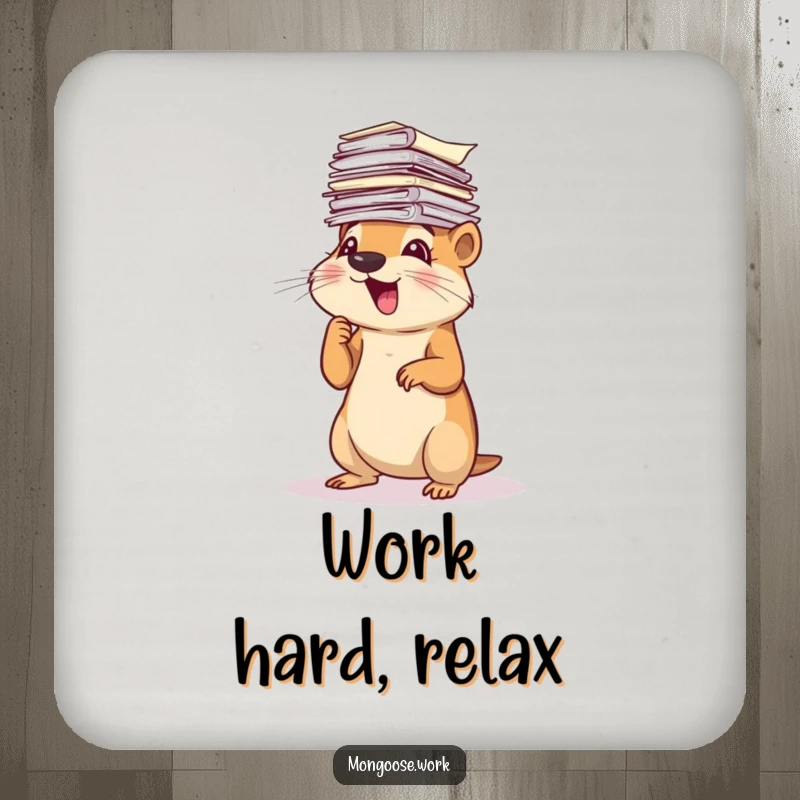 Funny Mongoose Coaster: A determined mongoose humorously navigating a huge stack of papers, protecting your table.