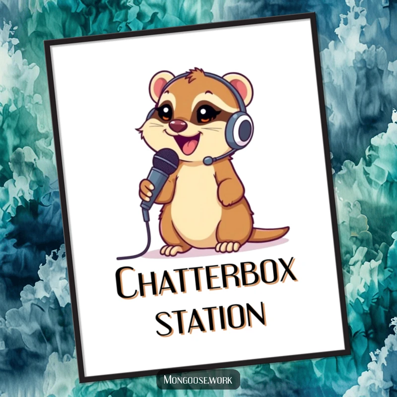 Funny Mongoose Poster: A happy mongoose wearing a headset and microphone, enthusiastically chatting, capturing gaming communication.