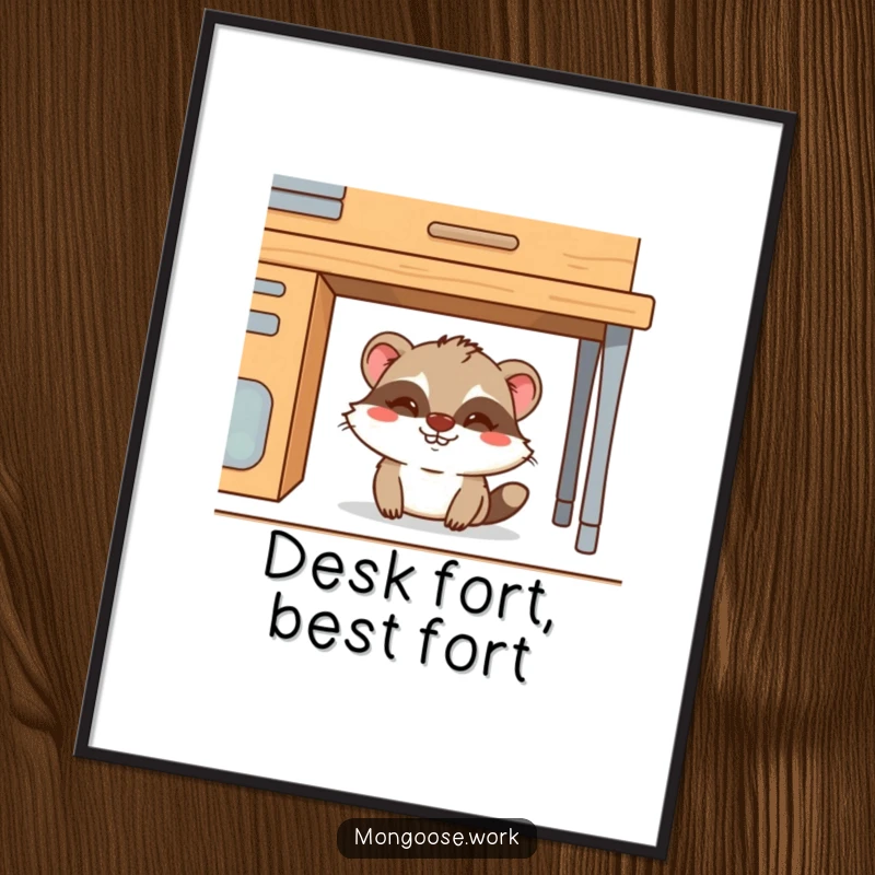 Funny Mongoose Poster: A mischievous mongoose hiding under a desk with a sly grin, adding humorous wall art and a funny gift option.