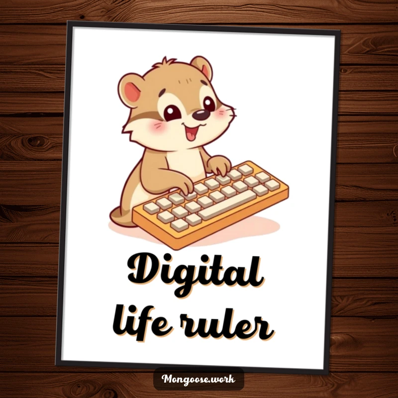 Funny Mongoose poster, typing on oversized keyboard, cute animal art, tech humor wall decor, excellent funny gift.